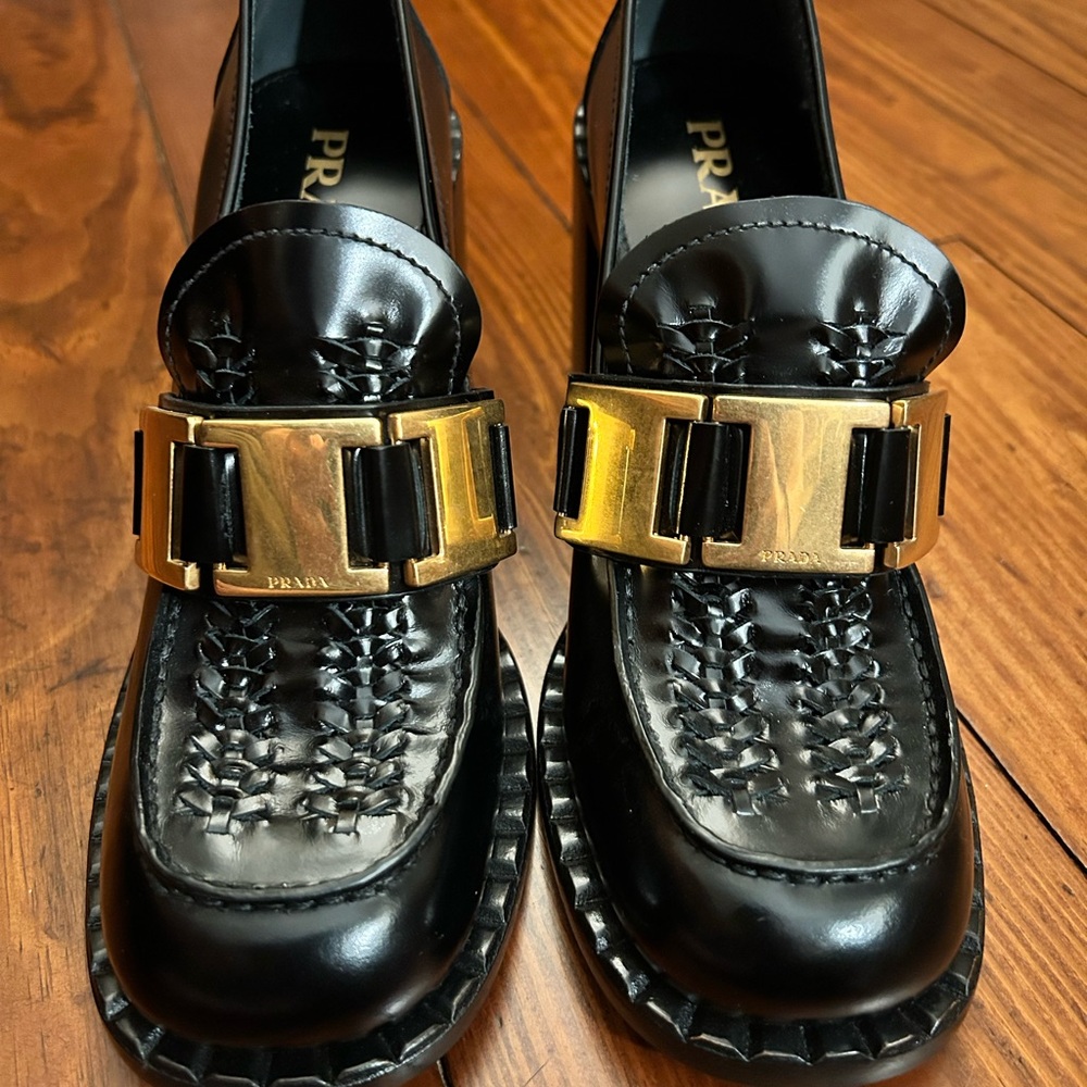 Prada Black Loafers with Gold Buckle